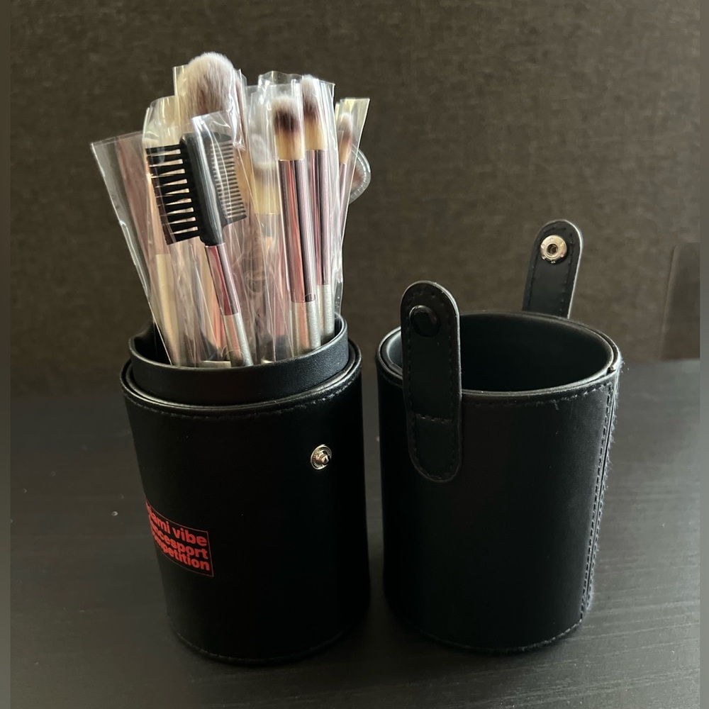 Make up brushes with faux leather holder